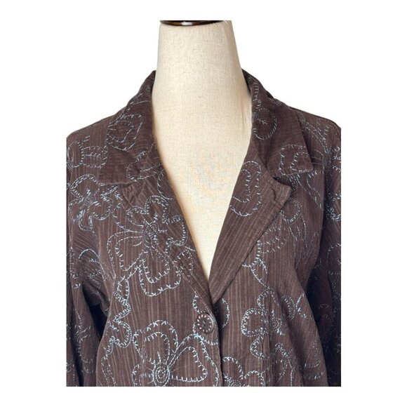 Flax Blazer Women Small Brown Blue Floral Embroidery Corduroy Chore Coat - Picture 3 of 11